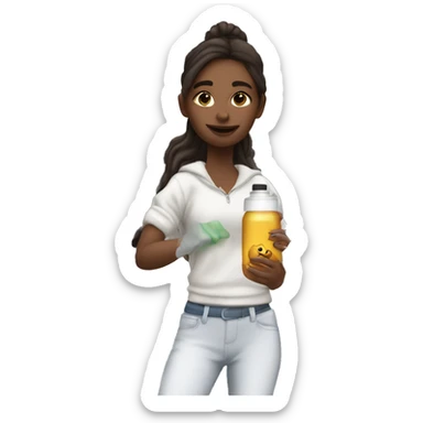 Brunette skinny girl driving a brand new white suv with a vaccine in her hand sticker