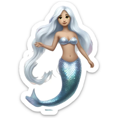 Iridescent silver mermaid tail full body white skin girl long white hair sticker