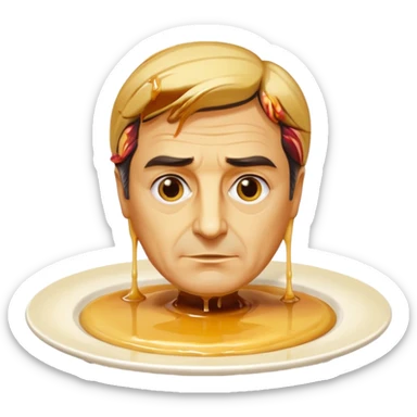 flan bust of François Fillon, face and head entirely flan with creamy yellow color, hair dripping glossy caramel, sitting on a round white plate sticker
