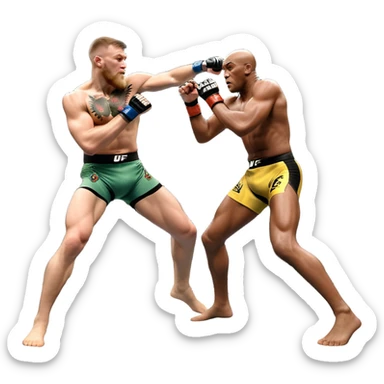 An MMA showdown between Conor McGregor and Anderson Silva in the octagon. McGregor is executing a powerful jumping strike, while Silva is expertly blocking the attack with his forearm. The background features the UFC octagon, fans in the distance, and dynamic action. Transparent background sticker