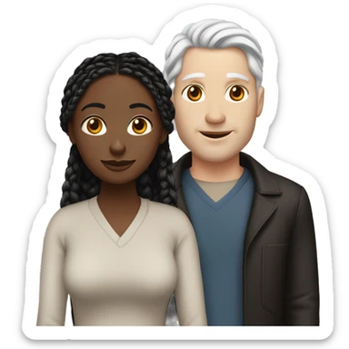 Woman and man couple, in their 40's, woman is medium dark black complexion, her hair is long black twisted braids, man is white skinned white male with reddish hair that's medium length sticker