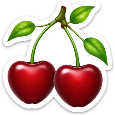Pair of vibrant deep red cherries with green stem, fruit sticker
