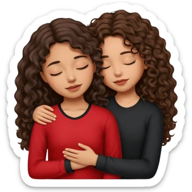 Mexican girl with her eyes closed with long wavy hair, brown skin wearing a black and red shirt facing towards a girl with 10 skin with medium length, curly wavy brunette hair and she’s shorter than the other girl also with her eyes closed basing towards the Mexican girl, hugging ￼ sticker