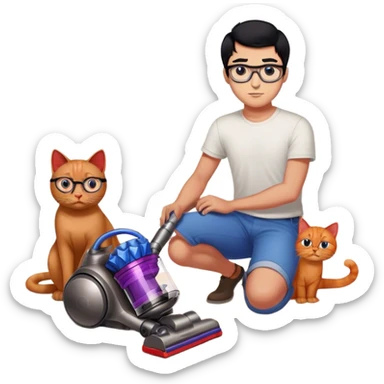 Dyson used by a man with black hair, blue eyes with glasses and 2 red cats on the floor sticker