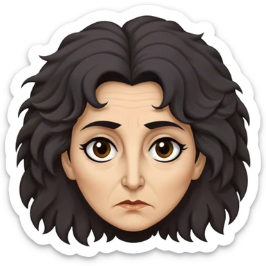 Mirri Maz Duur is a weathered, age 50 woman with deep-set dark eyes, high cheekbones, and a sharp nose, giving her a stern, knowing expression. Her long, unkempt dark frizzy hair  falls loosely over her shoulders sticker