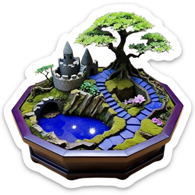  Ancient saucer-castle jungle winding trail mountainside getaway haunted nighttime hobbit landscape antique mudman very old broken cracked intricately detailed Stone Age lapis-crusted irregular dodecagon-shaped shallow dark moss rough bark violet flowered maple bonsai Saikei coffee table-sized pot  sticker