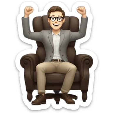 Joyful Celebrating victory Hands up Pale skinned Fit Man With dark brown hair in gray jacket, beige office shirt, Brown pants and vintage glasses sitting In a soft chair sticker