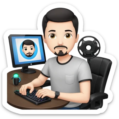a setup of a youtuber, white skin, thin goatee, black short hair, with a desktop pc on a table, a gaming chair, microphone, white ring light sticker