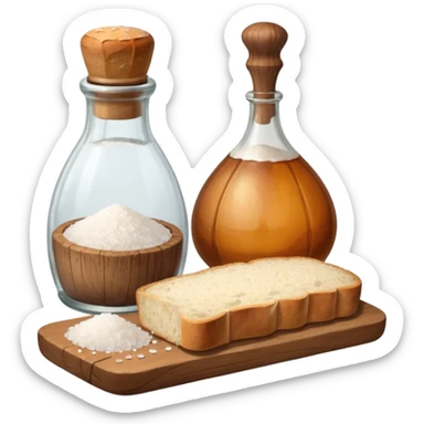 a bottle of salt (salt shaker) and a loaf of peasant bread with a small mandolin - still life composition sticker
