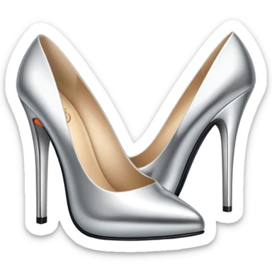 A pair of high heel shoes emoji made of polished silver chrome, elegant sharp silhouette, smooth metallic surface, glossy reflections, luxury sexy vibe, minimalistic iOS emoji style, centered, clean white background sticker