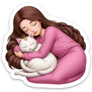 A pretty white girl with very long brown hair and pink clothing sleeping curled up to a white cat  sticker