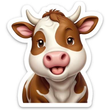 Cinematic Cute Yawning Brown and White Cow Portrait Emoji, Head tilted slightly with a dramatic, wide-open yawn, showcasing a smooth, patterned hide of brown and white, floppy ears slightly drooping, round brown eyes barely open in drowsy contentment, Simplified yet irresistibly adorable features, highly detailed, glowing with a soft, cozy glow, high shine, relaxed yet expressive, stylized with a touch of pastoral whimsy, bright and endearing, soft glowing outline, capturing the essence of a sleepy yet affectionate cow, so drowsy it feels like it could amble out of the screen and curl up for a nap! sticker
