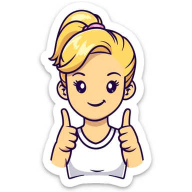 blonde girl with high pony tail hair, winking and making peace sign sticker