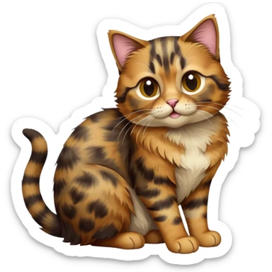 cinematic-[tortoiseshell tabby cat]-realistic-full-body-sitting-emoji,-tail-curled-playfully-around-its-paws,-head-tilted-dramatically,-scruffy-[tortoiseshell coloured]-fur,-simplified-yet-realistic-focused-features,-highly-detailed,-glowing-with-an-almost-sarcastic-glow sticker