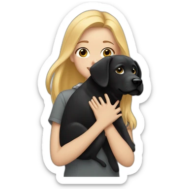 A blonde girl  with smooth hair and a ray in the middle of his hair, she has light skin a few freckles, and she wear a hoodies and she Carries in his arms a black baby labrador dog  sticker