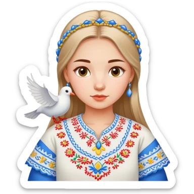 Ukrainian girl wearing a traditional embroidered vyshyvanka shirt with a white dove next to her sticker