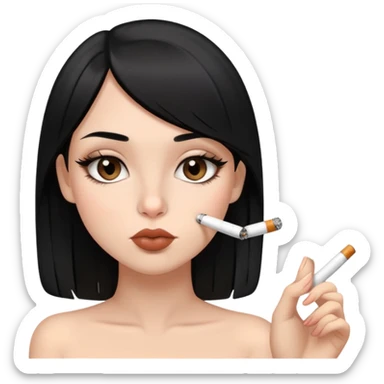 Girl with black straight hair, big brown eyes, small nose, nude lipstick, smoking a cigarette  sticker