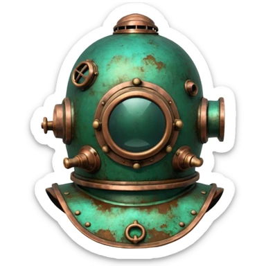 3D render of Antique Diver Helmet, heavily oxidized copper texture, verdigris patina, Bronze helmet with heavy green crust, weathered bronze aesthetic, ancient decay, emoji style, isolated on white background --v 6.0. sticker