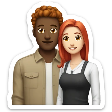 a gay man with short black hair medium toned skin and a white woman with long red hair sticker