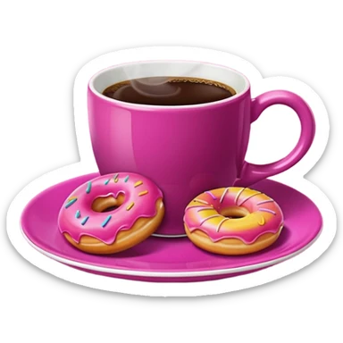 A steaming cup of coffee, magenta with a yellow butterfly print, sits on a magenta saucer with colorful donuts. sticker