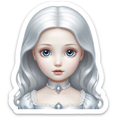 Cinematic and Ultra realistic 32k HD hauntingly beautiful porcelain doll sitting, Balanced features, highly detailed, glowing with silver light, high shine, remembrance, a painting of white silver, fanciful, enchanting, ghostly. The image is so lifelike it could leap off the canvas at any moment sticker