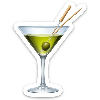 martini glass with clear liquid and an olive at the bottom skewered by a toothpick sticker