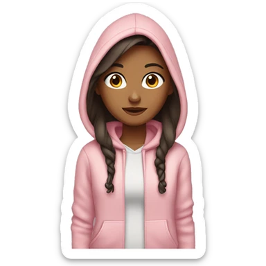 Girl with long dark brown hair, dark eyes and tan skin wearing a light pink hoodie  sticker