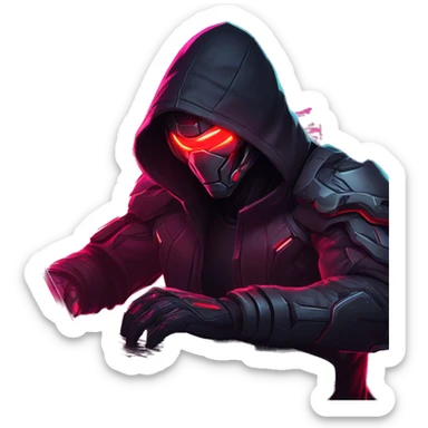 developer behind his laptop with this style : crysis Cyberpunk Riot Games Valorant neon glowing bright red character red dark black hooded assassin themed character sticker