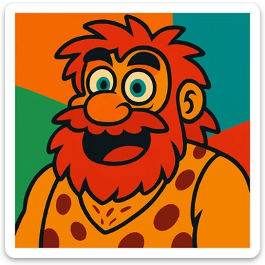 Adjust the Neanderthal man to be even more cartoonish with exaggerated features and bright colors, keeping the blue eyes and beard. sticker