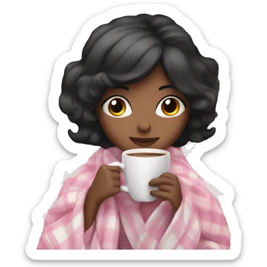 A cute black hair woman wrapped in pastel pink plaid blanket drinking coffee sticker