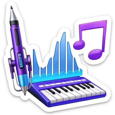 Create a creative and inspiring emoji that represents writing music tracks. The design should feature musical notes, a pen or pencil, and a digital audio workstation (DAW) interface or a computer screen with a visible waveform, symbolizing the process of composing and arranging a track. Add elements like a metronome or a pair of headphones to reflect the recording and editing aspects. Use vibrant colors like electric blue, purple, or neon green to represent creativity and innovation in music production. The background should be transparent. sticker