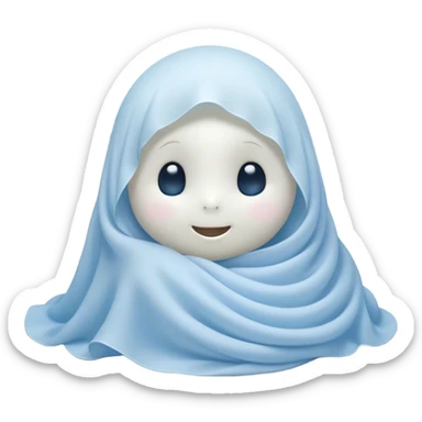 An adorable, peacefully floating sheet-like ghost in gentle pastel whites and blues, its soft, rounded form loosely draped, head resting with closed, serene sparkling eyes and a tiny, contented smile, simplified yet irresistibly charming, highly detailed, with a soft glowing outline that captures the essence of a sleepy, endearing spirit wrapped in cozy slumber! sticker