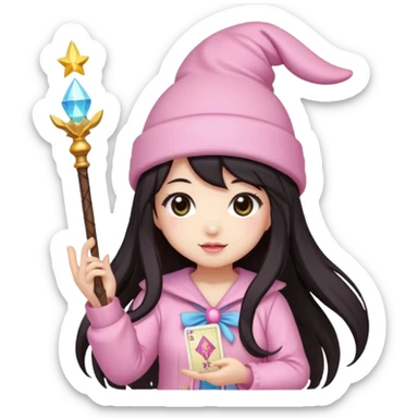 pixel art chibi asian girl with dark long hair in pink bunny hat magical girl with kawaii tarot cards thrown in air pixel emoji sticker