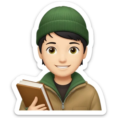 tan skin, non binary man with pixie cut black hair, wearing brown jacket and dark green beanie, smiling , holding up  book  sticker