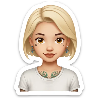 girl with small face tattoos, cheerful expression, wearing a shirt sticker