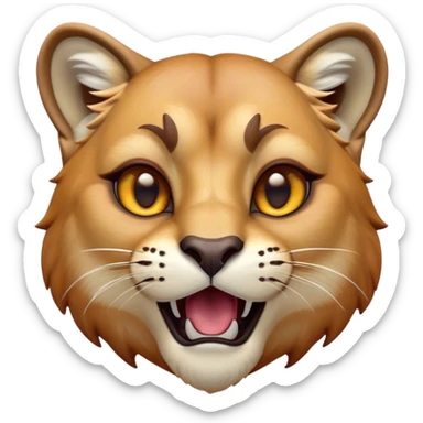 Cinematic Comical Cougar Portrait Emoji, Head tilted dramatically with an exaggeratedly amused expression, featuring a striking tawny Fur with bold dark accents and wide, expressive amber eyes filled with playful disbelief, Simplified yet hilariously expressive features, highly detailed, glowing with a slightly sassy glow, high shine, dramatic yet playful, stylized with an air of cheeky wilderness mischief, bright and endearing, soft glowing outline, capturing the essence of a spirited and over-the-top cougar, so meme-worthy it feels like it could pounce its way into internet fame instantly! sticker