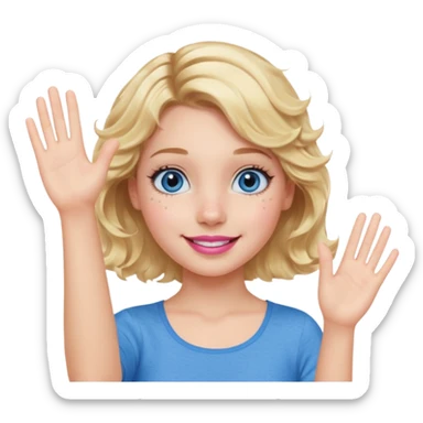 Girl Blonde short wavy hair,  blue eyes, cute blue top, long lashes, pink lips, smiling, waving hello  sticker