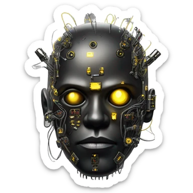 black metal cyborg head with circuitry, one artificial eyeball, and yellow Mohawk goatee sticker