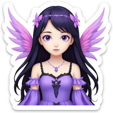 Gothic anime fairy with long beautiful black hair and violet dress, pastelcore, sticker
