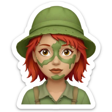 messy green full face clay mask and tourist hat red hair  sticker