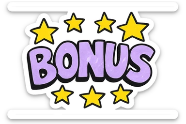 the word BONUS in large letters, all the same vibrant color, surrounded by stars, no background or sign behind, just the letters and stars, vibrant cartoon style QUIERO EXACTAMENTE IGUAL SOLO QUE LAS LETRAS DEBEN SER VIOLETA PASTEL Y LAS ESTRELLAS AMARILLAS sticker