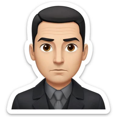 Robust athletic man in his 40s with light brown skin tone, short slicked back straight black hair with fade haircut, strong square face, thick eyebrows, wide nose, black overcoat with buttoned gray shirt visible underneath sticker