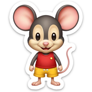 Mouse with big ears red shorts with yellow buttons and a giant smile on its face, black mouse preferably child size with a wink sticker