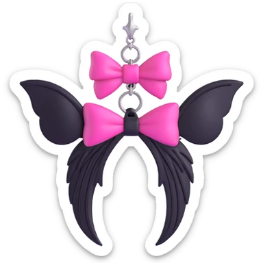 3D emoji style pink bow with gothic effect, hot pink velvet, black chain fringe, silver bat wing charm sticker