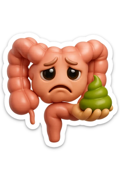 emoji stile iphone 3d di un intestino con espressione triste con cacca verde e liquida in mano , iperrealistiche 4k sticker