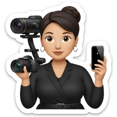 middle aged, latina plump woman photographer with dark hair, slicked back in a bun, wearing black clothes, carrying a canon r5, and an iPhone on a gimbal sticker