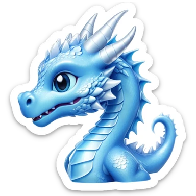 Cinematic Cute Beautiful Ice Dragon Portrait Emoji, Head tilted playfully and inquisitively, featuring a sleek, glacial form with intricately detailed, frost-kissed scales in shimmering blues and sparkling silver, accented by delicate ice crystal patterns and a gentle, enchanting glow; rendered with lifelike clarity and soft, natural light, high shine, charming and cool, styled with a touch of wintry fantasy, soft glowing outline, capturing the essence of a mischievous yet endearing ice guardian poised to twirl playfully into your dreams! sticker