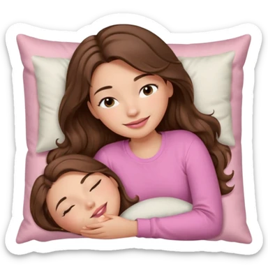 girl with wavy long brown hair, brown eyes, light to medium complexion, long lashes, light pink lipstick, smiling, wearing light pink shirt, sleeping on a cozy pillow sticker