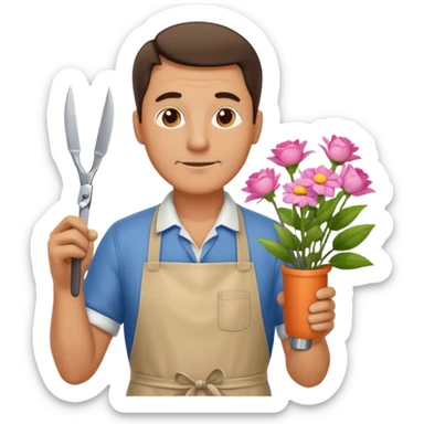 Middle-aged male florist – apron on, trimming stems with scissors sticker