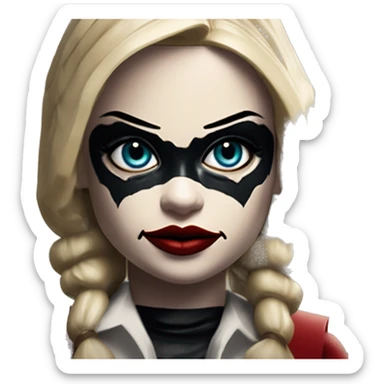 Lego in Harley Quinn style, oil paint, mysterious eyes, intricate lips, masterpiece portrait, odd perspective, beautiful, desirable, logical sticker